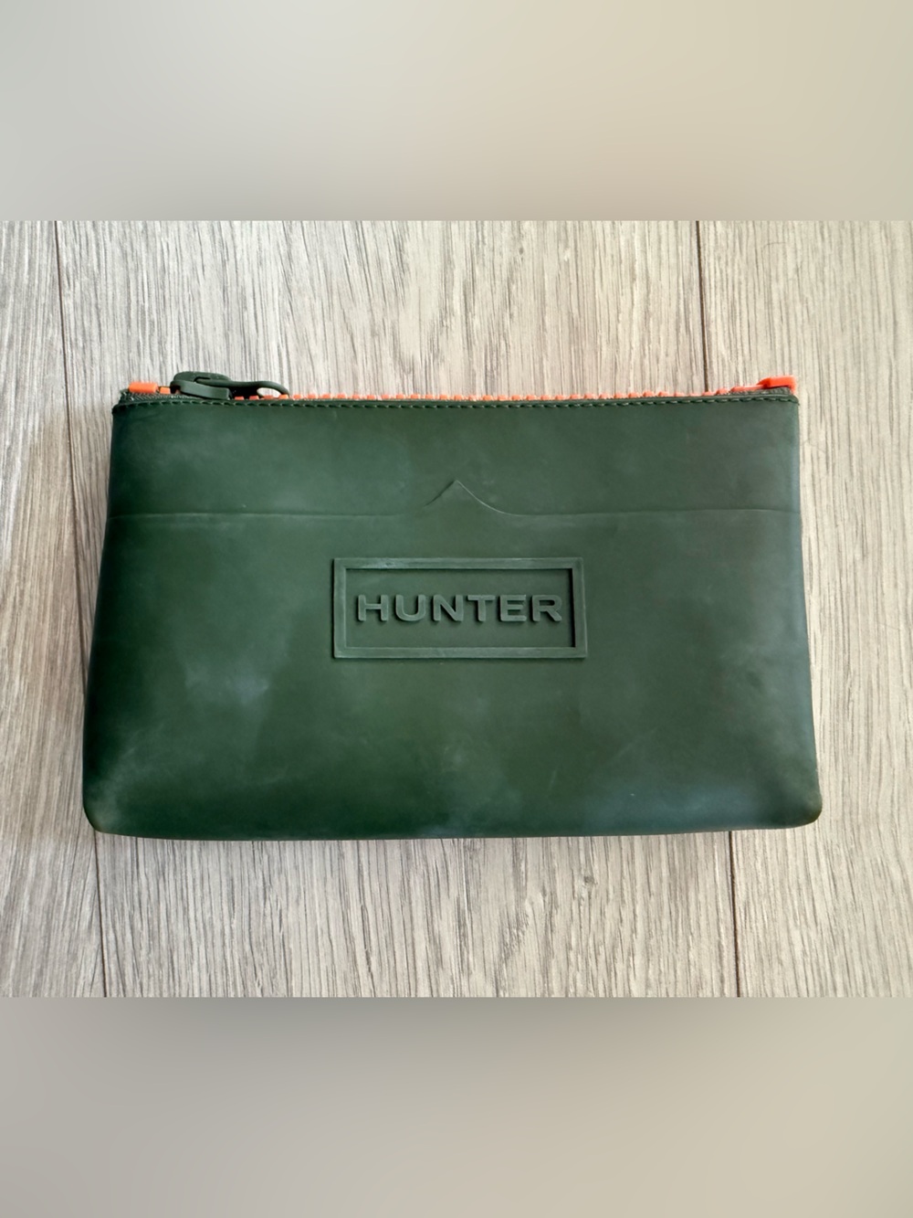 Hunter Dark Green Rubber Zip Pouch with Orange Trim
